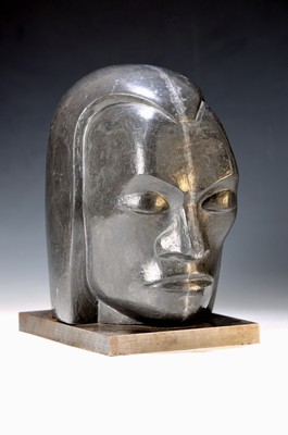 Art Deco-Porträtkopf aus Blei, signiert BSGY , Blei, aus zwei Hälften zusammengesetzt, seitlich bezeichnet "1924 Ausführung, 1960 ...