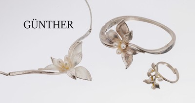 Designer Schmuckset, deutsch um 1970 925er Silber, Meistermarke GÜNTHNER/Pforzheim, BijouJeunesse, best. aus: Collier, Armreif und Ring, florale ...