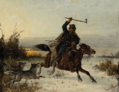 Adolf van der Venne, Winterlandschaft, Angriff der Wölfe, Öl/Holz, re. unten signiert, ca. 29 x 36cm, Prunkrahmen l. best.