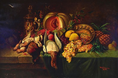 Hermann Capellmann, 1886 - 1967, großes Renaissance-Stillleben, Öl/Lwd,, signiert und dat. 1922, re. oben, Riss in der Leinwand, 80 x 118 cm, Rahmen