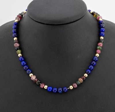 Lapislazuli/Turmalin Collier, GG 585/000, Zwischenkugeln und Federringschließe GG 585/000, facett. Rubellit- und Verdelithrondelle ca. 6 - 7 mm, ...