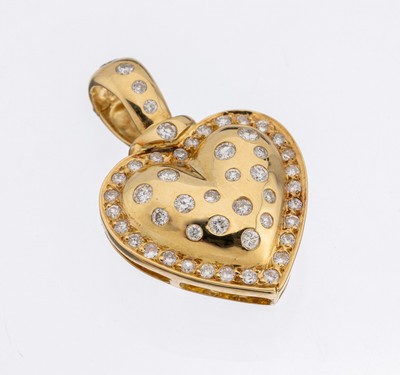 18 kt Gold Brillant-Herz-Anhänger, GG 750/000, 49 Brillanten zus. ca. 0.52 ct feinesWeiß-Weiß/vs-si, rücks. Verbödung mit Durchbrucharbeit, ...