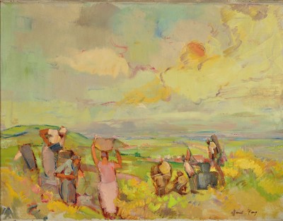 Hanns Fay, 1888 Frankenthal-1957 Neustadt, Herbstlandschaft mit Weinlese, Öl/Karton, rechts unten signiert, 62x78 cm, Rahmen 70x86 cm