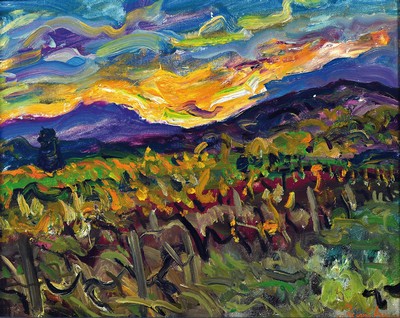 Werner Trautmann, 1913 Obermoschel-2007 Neustadt, pfälzer Landschaft bei Sonnenuntergang, signiert, Öl/Karton, Rahmen 27,5x33,5 cm; Trautmann ...