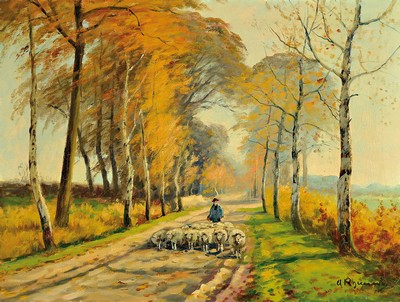 Adolf Rheinert, 1880-1958 Düsseldorf, herbstliche Allee mit Schafherde und Schäfer, rechts unten signiert, 61x81 cm, Prunkrahmen 82x103 cm