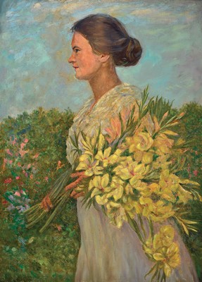 Walter Lilie, 1876 Leipzig - 1924 Schwetzingen, junge Frau mit Blumenstrauß, Öl/Lwd, signiert, ca 105 x 77 cm, bekannt für seine Porträts und ...