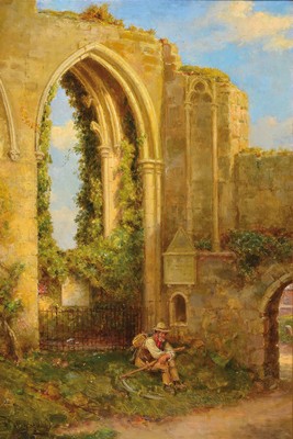 J. Morgan, Künstler 2. Hälfte 20. Jh.,, romantische Ruinenlandschaft mit rastendem Bauer, Öl/Lwd, signiert, ca. 75 x 50 cm, Rahmen