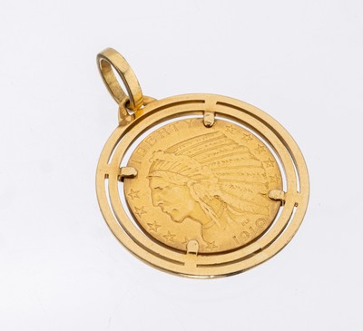14 kt Gold Münz-Anhänger, GG 585/000 gepr.,lose gefasste Goldmünze, 5 Dollar USA 1910, sogn. Indian Head, schlichte Rahmung, ca. 13.1g