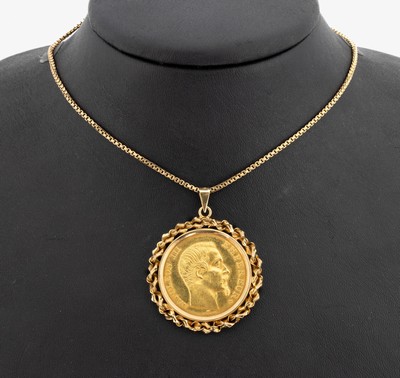 14 kt Gold Münz-Anhänger, GG 585/000, lose gefasste Goldmünze, 50 Francs, Empire Francais, 1855, Napoleon III., gekordelte Fassung, an Kette, GG ...
