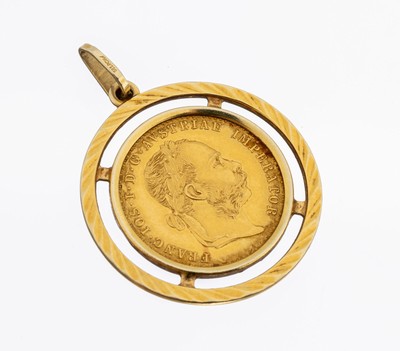 14 kt Gold Münz-Anhänger, GG 585/000, lose gefasste Goldmünze, 1 Dukat, Österreich -Ungarn, 1915 offizielle Nachprägung, schlichte Rahmung, ca. ...