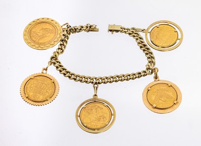 14 kt Gold Münz-Armband, GG 585/000, 5 bewegl. abgehängte lose gefasste Goldmünzen, 1x Sovereign 1888, Victoria, 1 x Sovereign 1871, Victoria, 1 ...