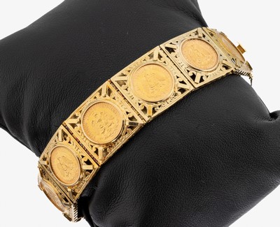 14 kt Gold Münz-Armband, GG 585/000, 10 quadratische Glieder, 10 gefasste Goldmünze, 2Pesos Mexiko 1945, L. ca. 19 cm, Kastenschlossmit ...