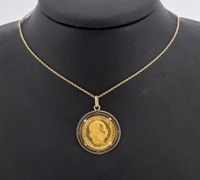 14 kt Gold Münz-Anhänger, GG 585/000, lose gefasste Goldmünze, 1 Dukat, Österreich -Ungarn, 1915 offizielle Nachprägung, schlichte Rahmung, an ...