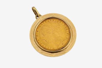 14 kt Gold Münz-Anhänger, GG 585/000, lose gefasste Goldmünze, Sovereign 1884, Victoria, Rahmung gerieft, ca. 10.6 g