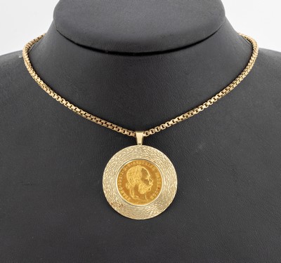 14 kt Gold Münz-Anhänger, GG 585/000, lose gefasste Goldmünze, 1 Dukat, Österreich -Ungarn, 1915 offizielle Nachprägung, Rahmung strukturiert, ...