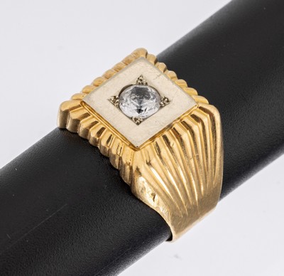 18 kt Gold Ring, GG/WG 750/000, part. gerieft, farblose Diamantimitation, RW 61, Ringschiene l. verbogen, ca. 6.9 g