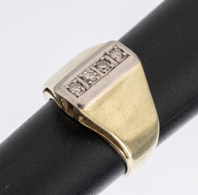 14 kt Gold Diamant-Ring, GG/WG 585/000, 4 in WG gefasste 8/8-Diamanten zus. ca. 0.10 ct Weiß/p1, RW 45, ca. 4.6 g