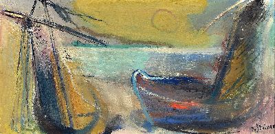 Josef Steiner, 1899-1977 München, maritime Komposition, rechts unten signiert, Öl/Platte, 30x60 cm, Rahmen 48x78 cm, Steiner studierte an der ...