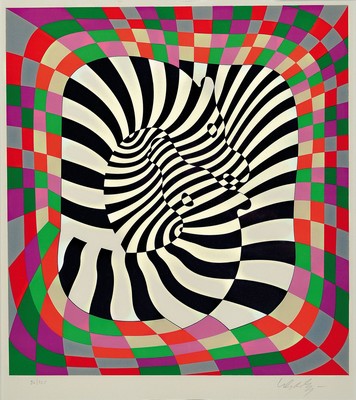 Victor Vasarely, 1908 Pecs-1997 Paris, Farbserigraphie, ruhendes Zebra, 1984, Ed. 96/125, handsigniert, unter PP und Glas gerahmt 63x56 cm