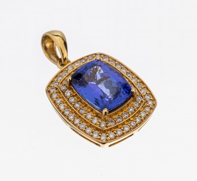 18 kt Gold Tansanit-Brillant-Anhänger, GG 750/000, mittig facett. Tansanit ca. 3.0 ct, 62 Brillanten zus. ca. 0.40 ct Weiß/si-p, ca. 4.8 g