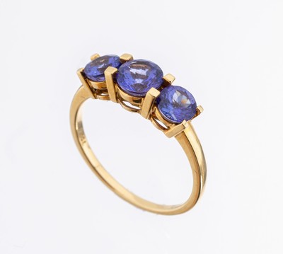18 kt Gold Tansanit-Ring, GG 750/000, 3 rundfacett. Tansanite zus. ca. 1.80 ct, RW 57,ca. 3.3 g