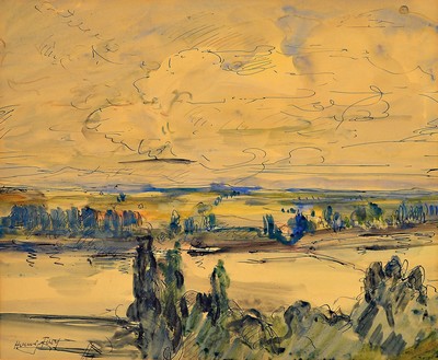 Hanns Fay, 1888 Frankenthal-1957 Neustadt, Aquarell, Rhein- bzw. Altrheinlandschaft, links unten signiert, unter PP und Glas gerahmt 53x60 cm