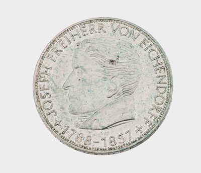 Silbermünze 5 Mark, Deutschland 1957, Freiherr von Eichendorff, angelaufen
