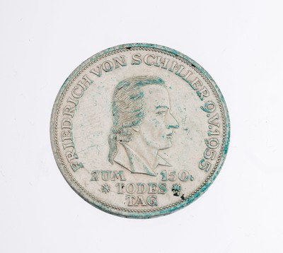 Silbermünze 5 Mark, Deutschland 1955, zum 150. Todestag Friedrich Schillers, stark angelaufen