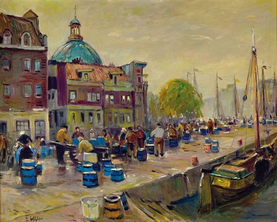 Paul Löffler, 1920 Mannheim-1995 Speyer, Ansicht des Mannheimer Hafens mit Blick auf den Kirchturm der Jesuitenkirche, hintergründig Silhouette des ...