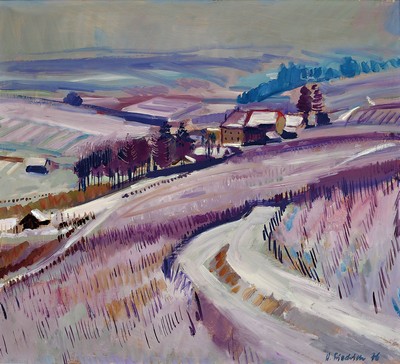 Heinz Friedrich, 1924-2018 Schwetzingen, pfälzer Winterlandschaft, Blick über schneebedeckte Weinberge in die Rheinebene, 1976, signiert und ...