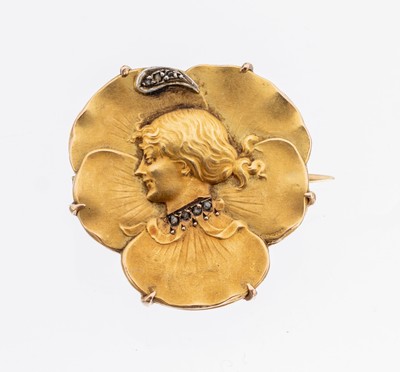 14 kt Gold Jugendstil Diamant-Brosche, um 1900, GG 585/000, Darstellung einer Blüte mittig Dame im Profil, kl. Diamantrosen, ca. 4.1 g