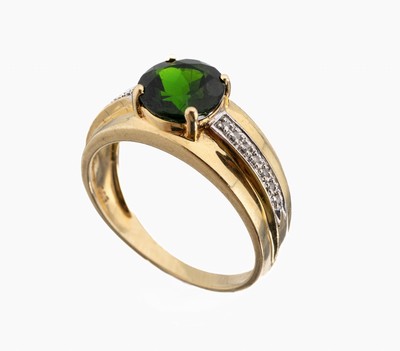 14 kt Gold Turmalin-Diamant-Ring, GG 585/000, mittig erhaben gefasster Verdelith ca. 1.20 ct, Ringschultern mit 14 8/8 -Diamanten in rhod. Fassungen ...