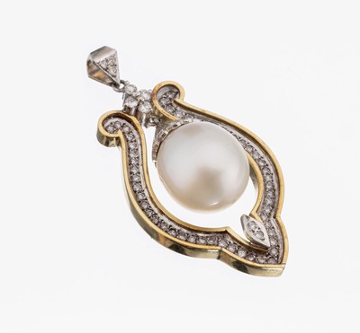 14 kt Gold Perl-Brillant-Anhänger, GG/WG 585/000, außergewöhnliche Gestaltung, mittig bewegl. Südseezuchtperle, D. ca. 14 mm, 65 Brillanten zus. ...