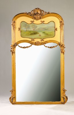 Großes Trumeau, Frankreich, 2. Hälfte 19. Jh., nach Vorbild von Louis XV., Holz und Stuck, mit Engelsskulpturen dekoriert, Gemäldeeinsatz, ca. 182 ...