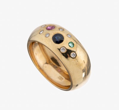 14 kt Gold Farbstein-Brillant-Ring, GG 585/000, je 1 rundfacett. Saphir, Smaragd und Rubin zus. ca. 0.10 ct, 7 Brillanten zus. ca. 0.07 ct Weiß/si, ...
