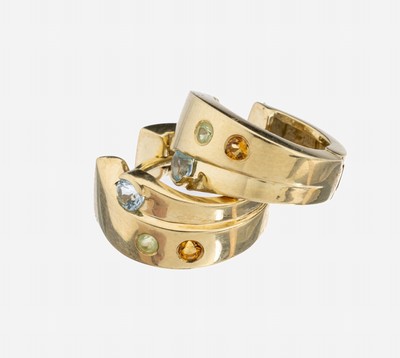 Paar 14 kt Gold Farbstein-Ohrcreolen, GG 585/000, schlichte Gestaltung, 6 kl. rundfacett. Farbsteine, Citrin, Topas (beh.) und Peridot, ca. 5.6 g