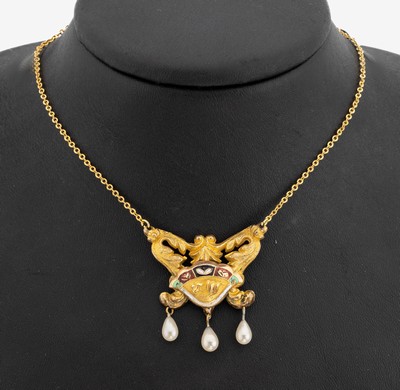 Perl-Email-Collier, Silber vergoldet, Mittelteil um 1820-40, Renaissance-Stil, 3 bewegl. abgehängte Perlen, part. polychrom emailliert (besch.), ...