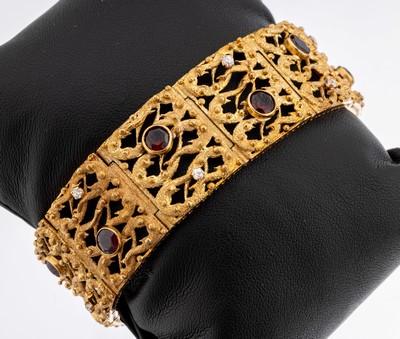 14 kt Gold Granat-Diamant-Armband, GG 585/000, 11 rundfacett. Granate zus. ca. 5.0 ct, 8 Altschliffdiamanten zus. ca. 0.40 ct Weiß/si-p, ca. 56.9 ...