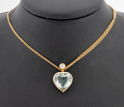 14 kt Gold Aquamarin-Diamant-Anhänger, GG 585/000 gepr., facett. Aquamarin-Herz ca. 7.00 ct, 1 Altschliffdiamant ca. 0.20 ct Weiß/si, an 3-rhg. ...