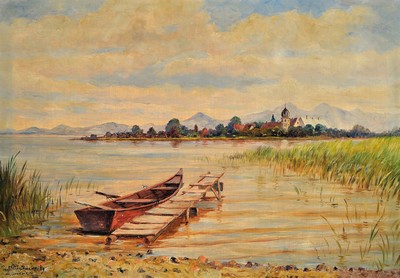 Paul Götz-Räcknitz, 1873 Räcknitz-1952 München, Chiemseelandschaft, Blick vom Ufer auf dieFraueninsel, links unten signiert, Öl/Lwd, Rahmen ...