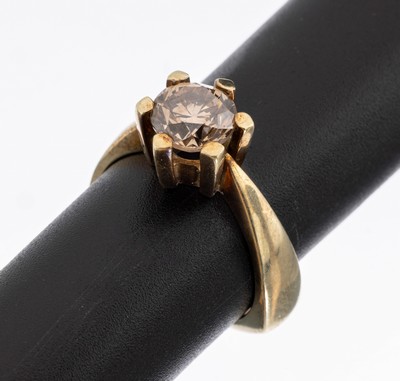 14 kt Gold Brillant-Ring, GG 585/000, qualitätvolle Verarbeitung, 1 Brillant ca. 1.75 ct Braun/si, RW 57, ca. 8.9 g