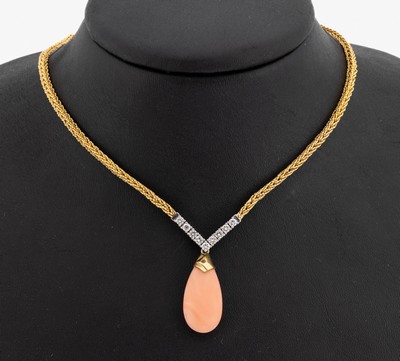 18 kt Gold Korall-Brillant-Collier, GG/WG 750/000, qualitätvolle Verarbeitung, Mittel- teil mit bewegl. Korallentropfen Abhängung, 9 in WG ...