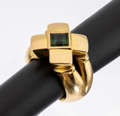 18 kt Gold Turmalin-Ring, GG 750/000, Ringkopf Kreuzform, facett. Turmalin-Carree, sign. JAKOB, ca. 16.6 g, massive qualitätvolle Verarbeitung, RW ...