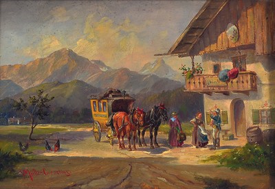 Ludwig Müller-Cornelius, 1864-1946 München, Voralpenlandschaft, Postkutsche vor Gasthof, links unten signiert, Öl/Holzplatte, 14x21 cm, Rahmen ...