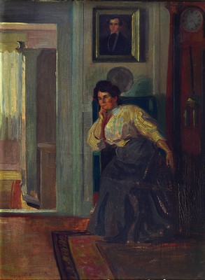 Richard Mahn, 1866 Leipzig-1951 Hindelang, Damenbildnis eingebettet in gutbürgerliches Interieur, links unten signiert und datiert 1908, Öl/Lwd, ...