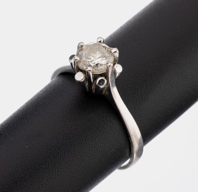 14 kt Gold Brillant-Ring, WG 585/000, ein Brillant ca. 1.02 ct l.get.Weiß/p1, RW 58, Zertifikat von 1975 anbei
