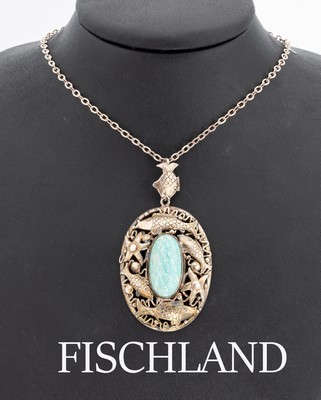 FISCHLAND Amazonit-Anhänger, um 1940/50, 925er Silber, mittig ovaler Amazonit-Cabochon,Fassung mit Fischen und Seesternen, Meistermarke Georg ...