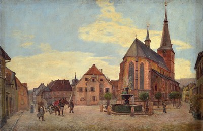 Heinrich Strieffler, 1872 Neustadt-1949 Landau, Ansicht von Deidesheim, Blick auf den Marktplatz und die Kirche St. Ulrich, im Vordergrund Personen ...