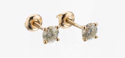 14 kt Gold Brillant-Ohrstecker, GG 585/000,2 Brillanten zus. ca. 0.92 ct natural fancy light grayish yellow/vs2, AIG Expertise anbei