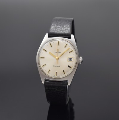 OMEGA Geneve Armbanduhr in Stahl Referenz 136.041, Schweiz um 1969, Handaufzug, 2-tlg. Geh., Boden m. Monogramm-Grav. verschr., silb. Zifferbl., ...